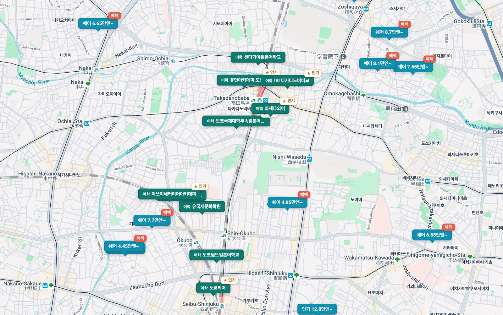 SALLAE map — share-house price pins and Japanese school pins near Takadanobaba